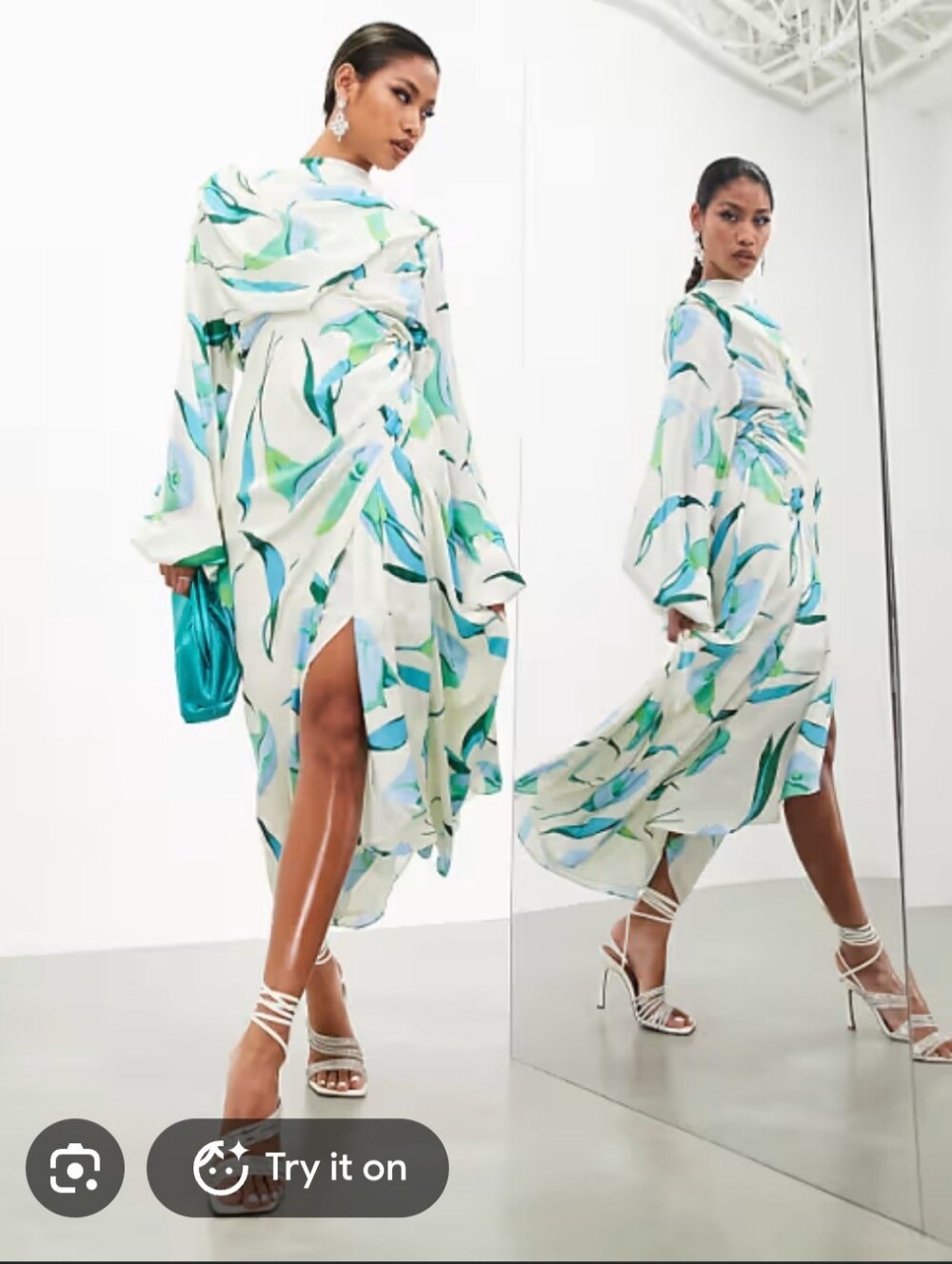 ASOS EDITION Floral Watercolor Midi Dress in White and Aqua